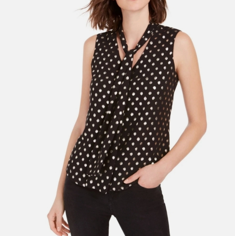 Bar III Metallic Black/Gold Polka Dot Foil Tie Neck Black Sleeveless Top,L,NWT